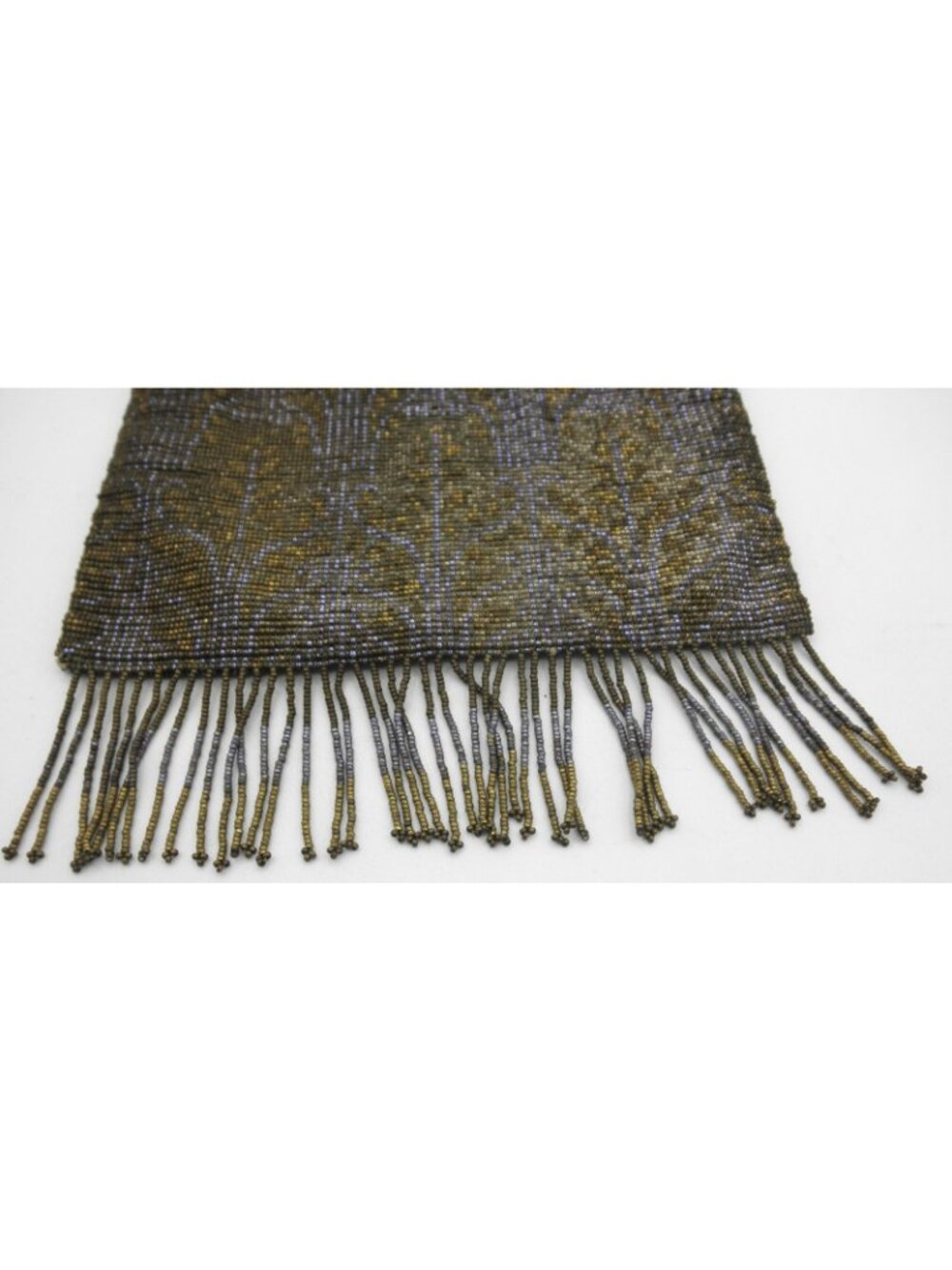 Vintage Antique Micro Beaded Purse Art Deco Evening Bag Gold Blue with Fringe - Picture 9 of 14